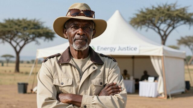 A determined man wearing a wide-brimmed hat and sunglasses perched atop his head stands with arms crossed, positioned before an outdoor event tent labeled 'Energy Justice' under open sky.