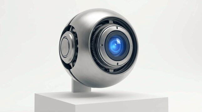 Advanced metallic robotic sphere camera with blue glowing lens sensor isolated on transparent background