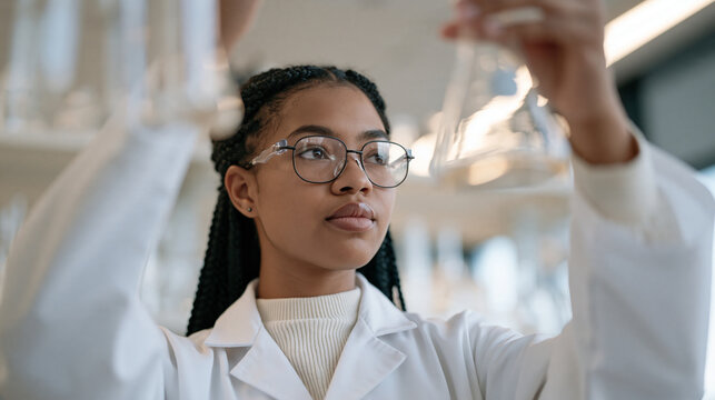 Young scientist with long braids examining chemical reaction in laboratory flask held up to fluorescent light source, observing color shift in solution with analytical focus,