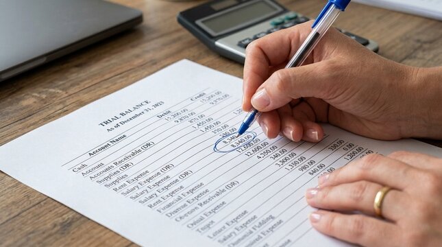 Close-up of a hand circling a number on a printed trial balance, accounting error review and financial checking