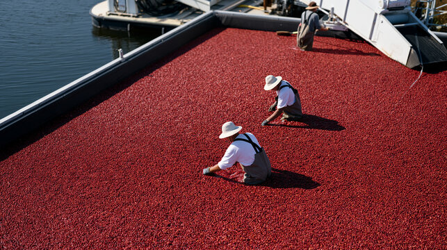 Wide landscape of cranberry bog flooding at harvest time, workers in waders corralling floating red berries, mechanical harvesting equipment, wetland farm, commercial berry