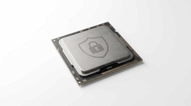 Metallic computer central processing unit featuring security shield icon etched into surface on transparent background