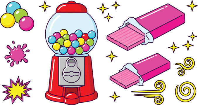Vintage Bubble Gum Machine Icon Set with Pink Chewing Gum Sticks, Colorful Gumballs, Sweet Candy Dispenser, Flavor Splash, and Comic Style Sparkle Vector Illustrations