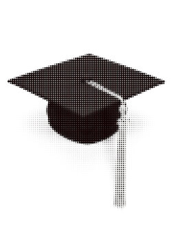 Black graduation cap icon with a halftone dot pattern effect isolated on transparent background, illustration