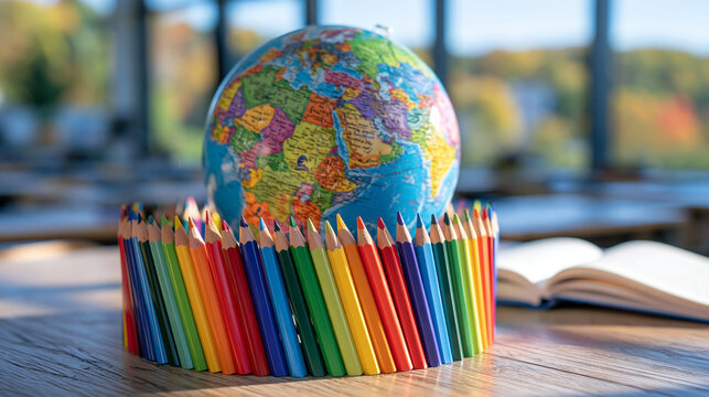 A creative World Teachers' Day concept featuring colorful sharpened pencils arranged in a circular celebration around a small school globe and open notebook, vivid rainbow colors, bright modern clas