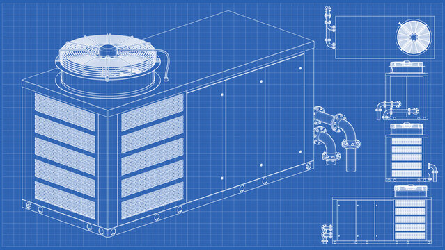 Chiller &ndash; Roof HVAC unit, cooling tower. Engineering schematic Blueprint. Orthographic view - side, front, top views. 3D Mesh, Sketch, Vector style or Drawing. 3D rendering isolated on blue background