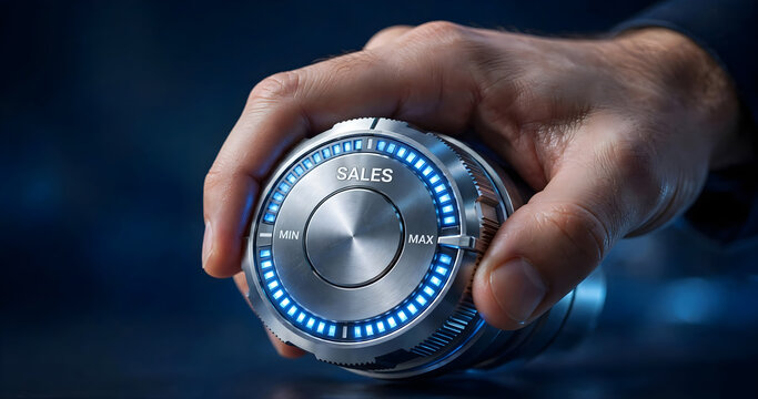 Close-up of a hand adjusting a sleek metallic sales control knob with bright blue indicator lights from minimum to maximum
