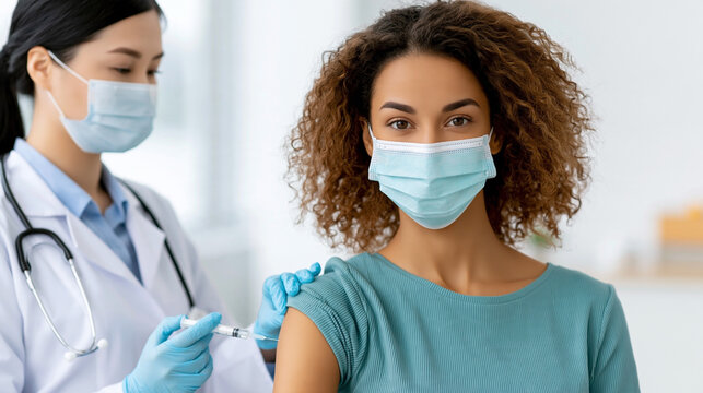 Masked female patient receiving vaccination from healthcare worker in bright clinical room, with syringe, gloves, stethoscope, and medical consultation setting