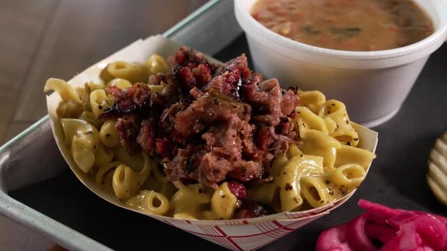 Creamy hatch macaroni and cheese topped with smoky chopped barbecue brisket, served alongside pinto beans and pickled onions, close up, slider, 4K