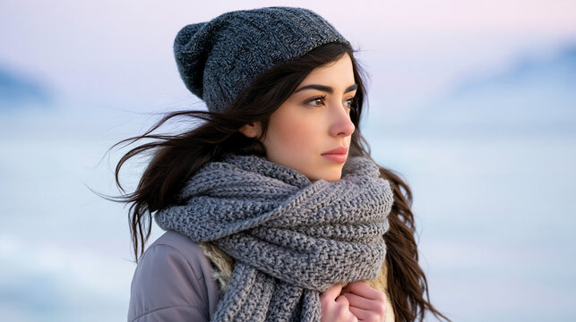 Young woman wearing knitted beanie and thick gray scarf, gazing toward snowy mountain landscape with windblown dark hair, winter portrait outdoors near a frozen lake