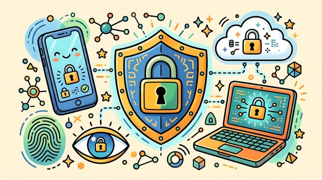 Colorful cybersecurity icons and devices illustration for digital security awareness training materials