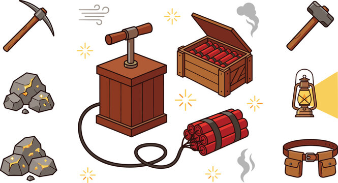 Cartoon Mining and Gold Rush Equipment Vector Set Featuring Detonator Box Dynamite Crate Pickaxe Sledgehammer Gold Ore and Lantern Icons