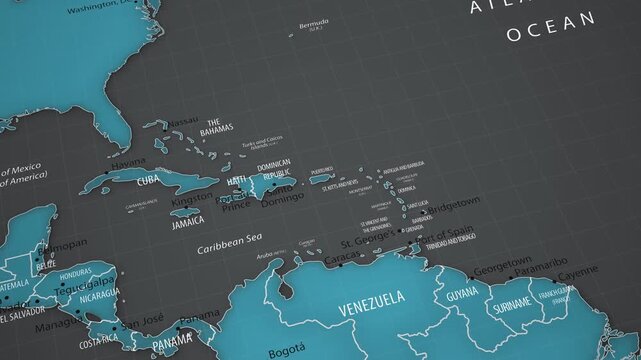 Animated political map showing Puerto Rico in the Caribbean with smooth camera movement. Detailed geographic view with surrounding islands, countries, borders, capitals and the Caribbean Sea.