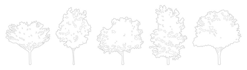 Obraz premium Isometric tree line drawing set featuring detailed foliage crowns, slender trunks and branch line art elements for architectural entourage and CAD elevation project design.