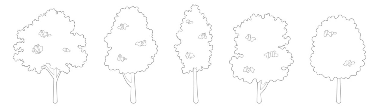 Simple isometric tree line drawing set featuring minimal broadleaf foliage outlines for architectural entourage, landscape elevation and CAD diagram design.