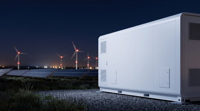 Containerized Battery Energy Storage System at a Renewable Energy Zone with Wind Turbines and Solar Farm at Night