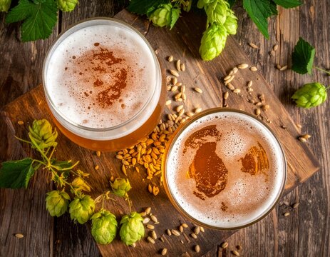 Zwei k&uuml;hle Biere in Draufsicht auf urigem Holz umringt von Hopfen und Gerste