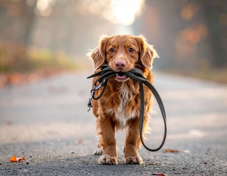 Ein fr&ouml;hlicher Hund h&auml;lt gespannt seine Leine im Maul, um seinen Besitzer zu einem gemeinsamen Spaziergang im gr&uuml;nen Park zu motivieren.