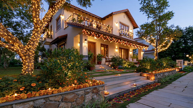Traditional Indian home beautifully illuminated for Diwali with hundreds of glowing diyas along balconies, windows and entrance steps, colorful rangoli at the doorway, marigold garlands and warm fes