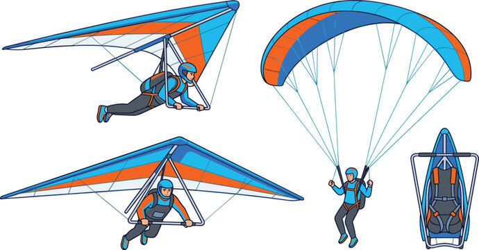 Hang Gliding and Paragliding Vector Illustration Set Featuring Pilots Soaring, Airborne Gliders, Parachute Canopies, and Extreme Sports Flight Equipment Safety Gear