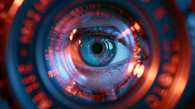 Close-up of a human eye captured through a camera lens with glowing red and blue neon rings and digital reflections, showing biometric scanning and futuristic cybernetic vision