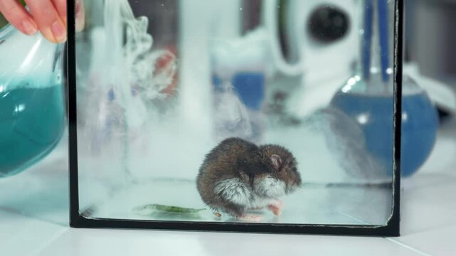 A brown furry mouse rests inside a clear container next to a glass vessel with teal liquid, surrounded by scientific glassware in a laboratory setting.