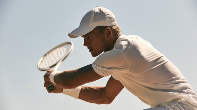 Determined male tennis player in white sportswear and cap preparing to hit backhand shot under clear sky during outdoor match