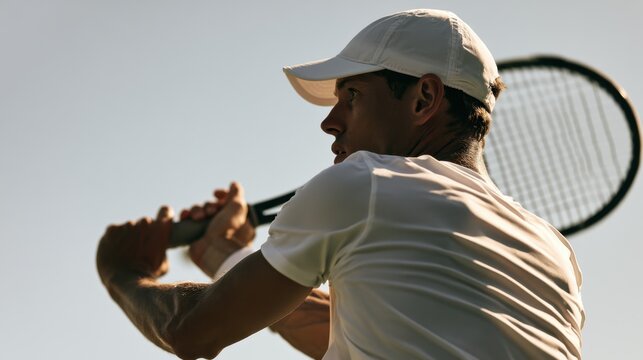 Young male tennis player preparing to hit backhand shot during outdoor match on sunny day in white sportswear and cap