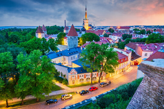 Tallin, Estonia. Historic Tallinn Old Town and St. Olaf church.