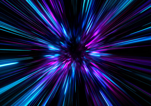 The image shows a dynamic radial streak pattern converging to a central point. Neon blue and magenta light beams radiate outward with high intensity and motion blur.