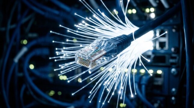 A close up view of an ethernet cable transforming into glowing fiber optic strands against a background of server racks in a data center facility with blue light accents