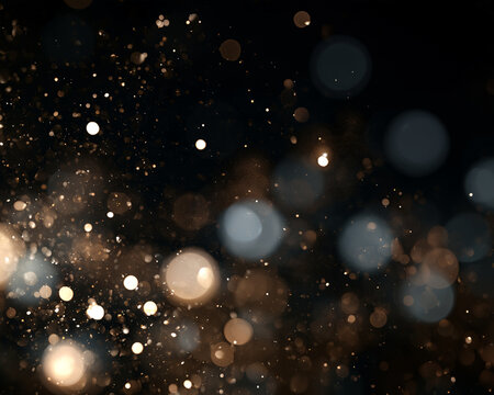 Soft bokeh lights create a dreamy floating effect in this dark setting. Warm golden and cool blue tones blend smoothly, producing a subtle glowing atmosphere.