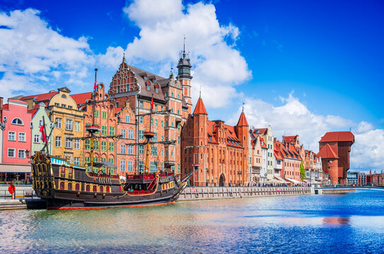 Historic Motlawa river waterfront and colorful architecture in Gdansk, Poland