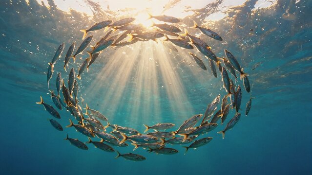 A vibrant school of fish swims gracefully beneath sunbeams piercing through ocean waves, creating a serene underwater scene.