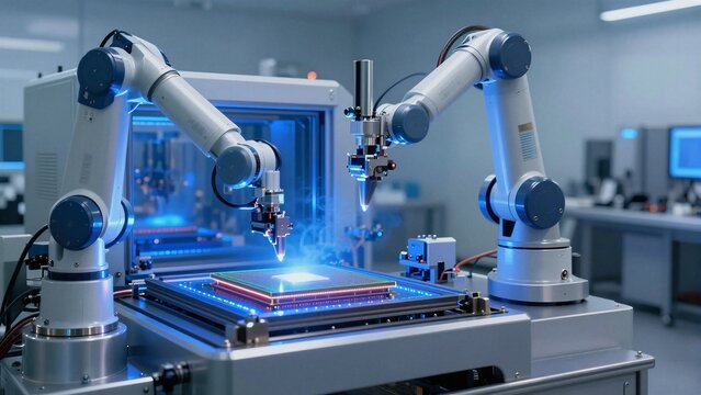 Advanced robotic systems precisely handle a glowing silicon wafer during high-tech semiconductor fabrication.