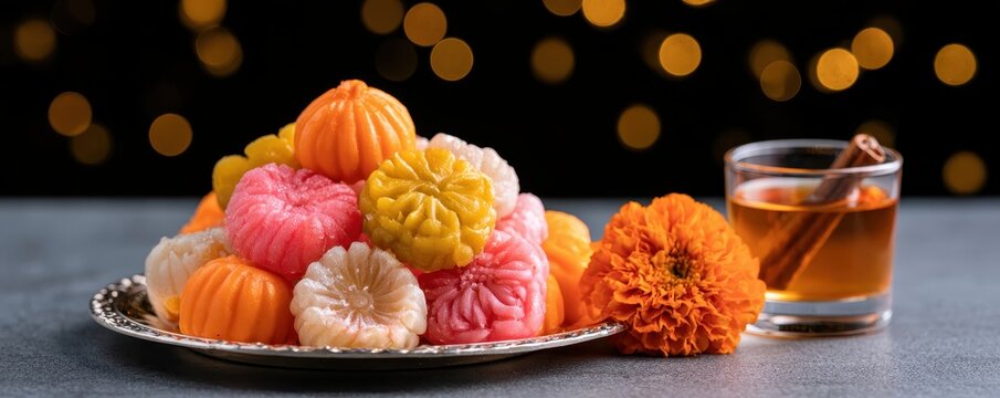 Colorful sweet modak dumplings with marigold flower and glass of drink on table