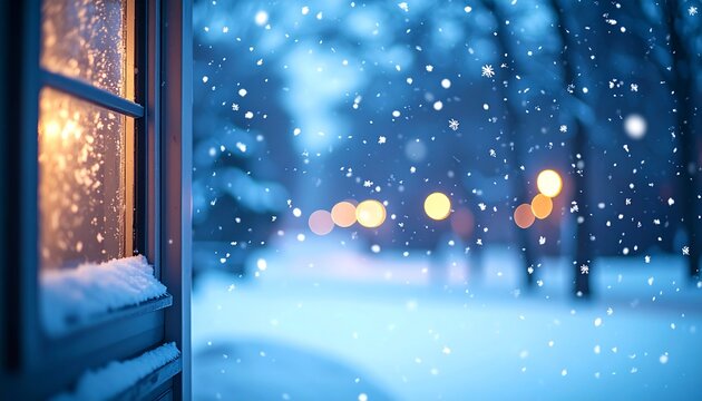 Snowy Winter Night Outside Window with Warm Bokeh Lights Cozy Holiday Concept