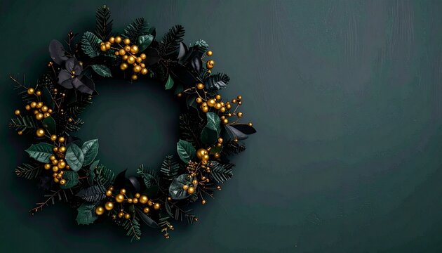 Luxury Dark Christmas Wreath with Golden Berries and Evergreen Leaves on Dark Green Background