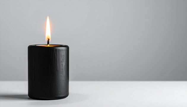 Black Pillar Candle with Golden Flame Burning on Gray Background memorial concept