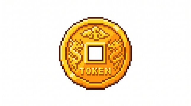 8-bit pixel art of a shiny gold arcade token shaped like a traditional Chinese coin game asset isolated on white.