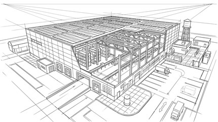 Fototapeta premium Distribution center cross section technical drawing highlighting interior warehouse storage and logistics.