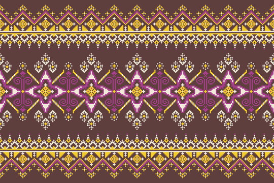 Ornate pixel art border with geometric and floral motifs in burgundy, magenta, ivory, and golden yellow, arranged in layered horizontal bands.