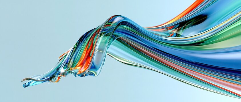 Dynamic flowing glossy multicolor green blue red transparent glass wavy curve on soft light blue background modern abstract 3d fluid art