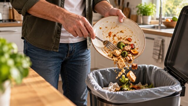 Man scraping leftover food waste and meal scraps from a plate into a kitchen trash can