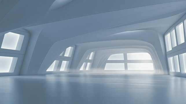 Empty futuristic minimalist light blue curved interior corridor with large windows blank empty space for product display modern architecture