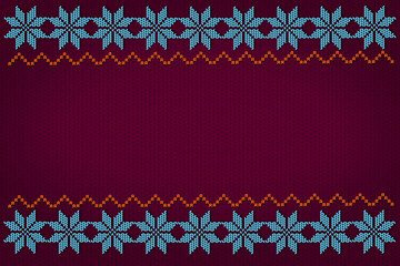 Cozy burgundy knitted winter background featuring traditional blue snowflakes border and orange zigzag pattern with wide empty space in the middle for text or holiday greetings © Tetiana