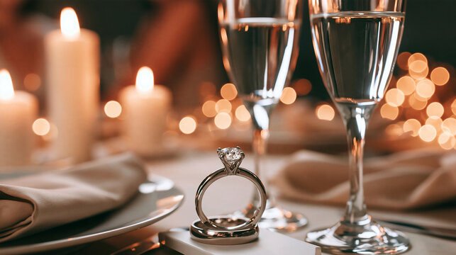 Diamond engagement ring beside two champagne flutes with candles  