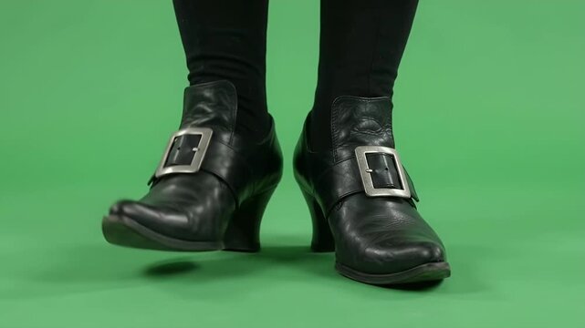 Black Witch Shoes Tapping on Green Screen - A pair of classic black witch shoes with large silver buckles are shown tapping lightly on a green screen background.