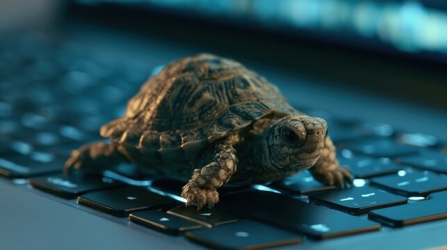Small turtle crawling on a black laptop keyboard with blurred blue light background at close-up view