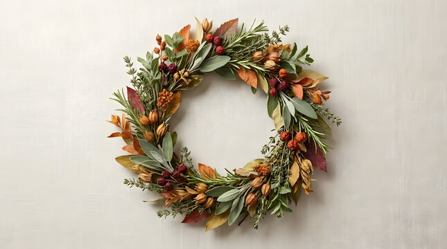 Seasonal autumn wreath with berries and leaves on wall.